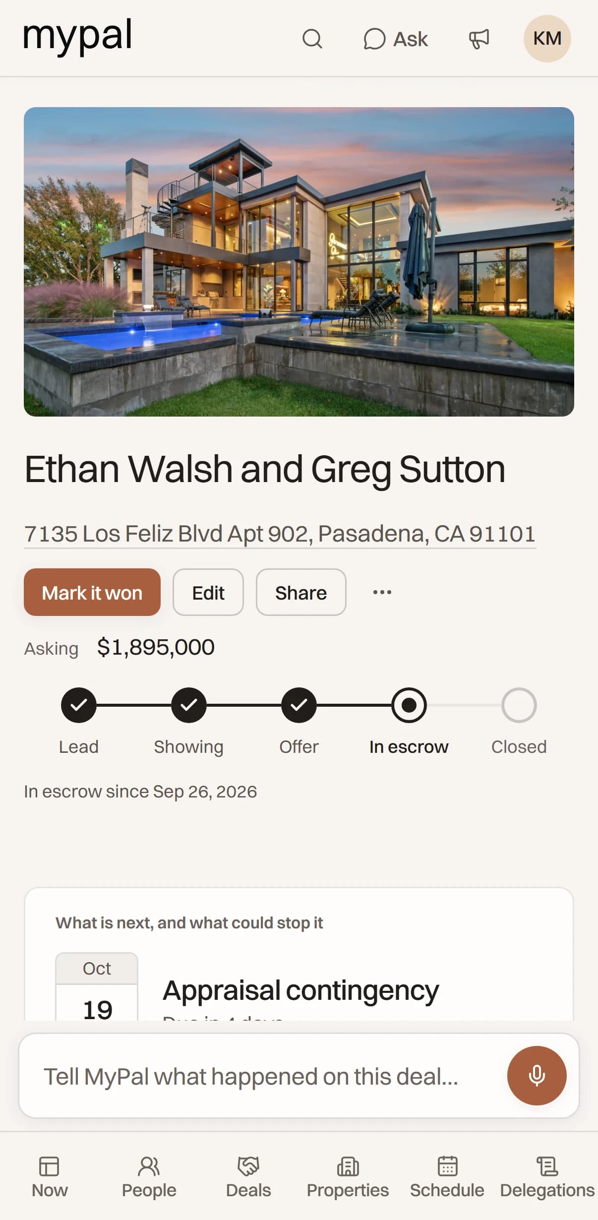 What must happen before closing on a deal in escrow: the initial deposit cleared, the loan contingency Oct 26, the appraisal contingency Oct 19, the investigation contingency whose date passed, and the close of escrow Nov 13.