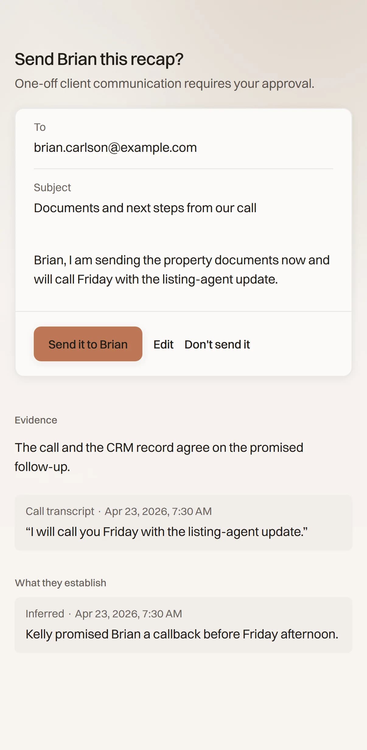 The recap MyPal drafted after the call, waiting for you to send it.