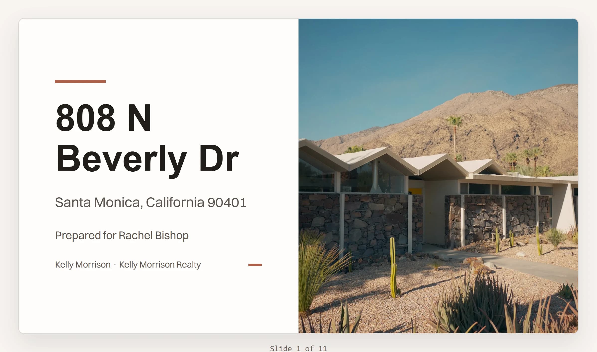 The cover slide of a listing presentation for 808 N Beverly Dr, Santa Monica, prepared for Rachel Bishop, on the stage of MyPal’s presentation editor.