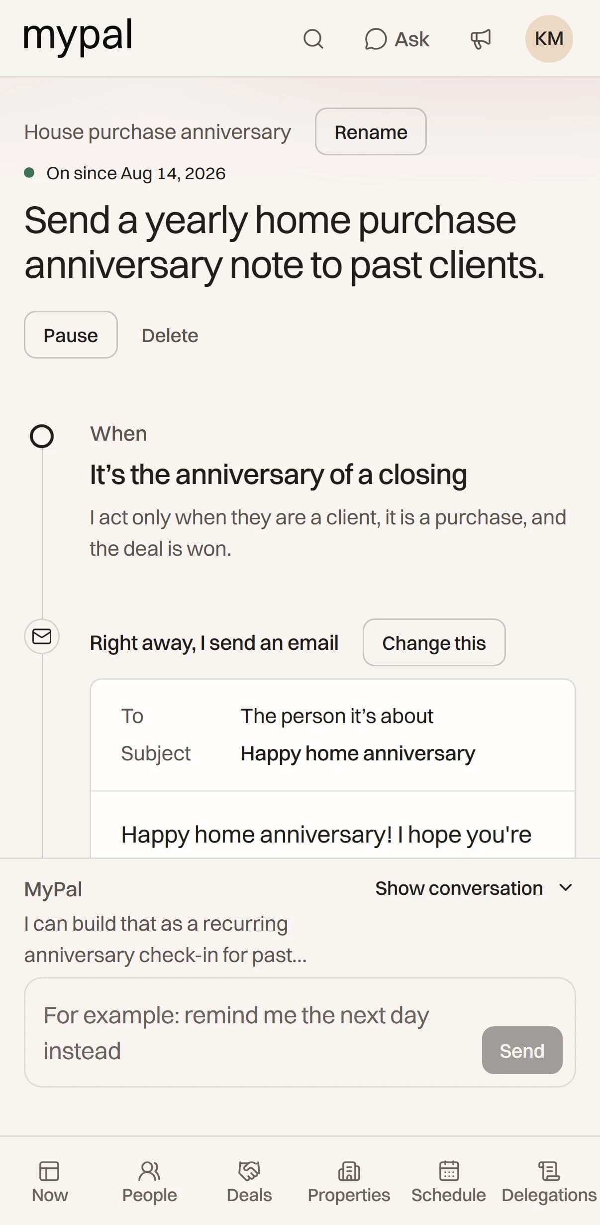 A rule running in MyPal, with the hours it works and what it does on its own.