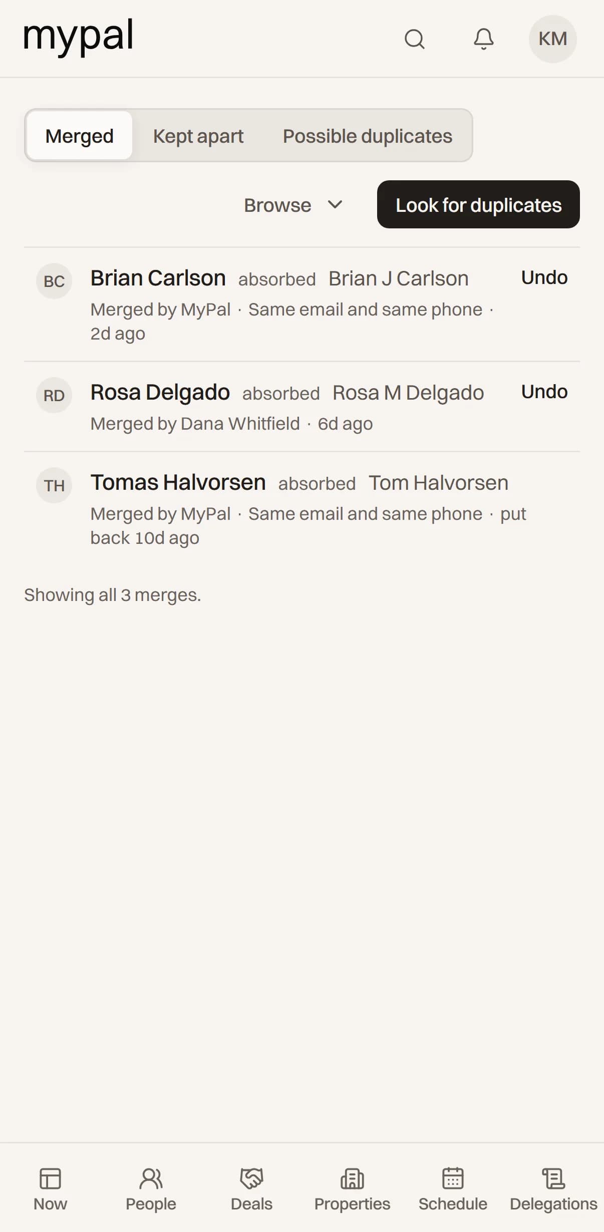 MyPal’s duplicate review, with nothing left to merge.