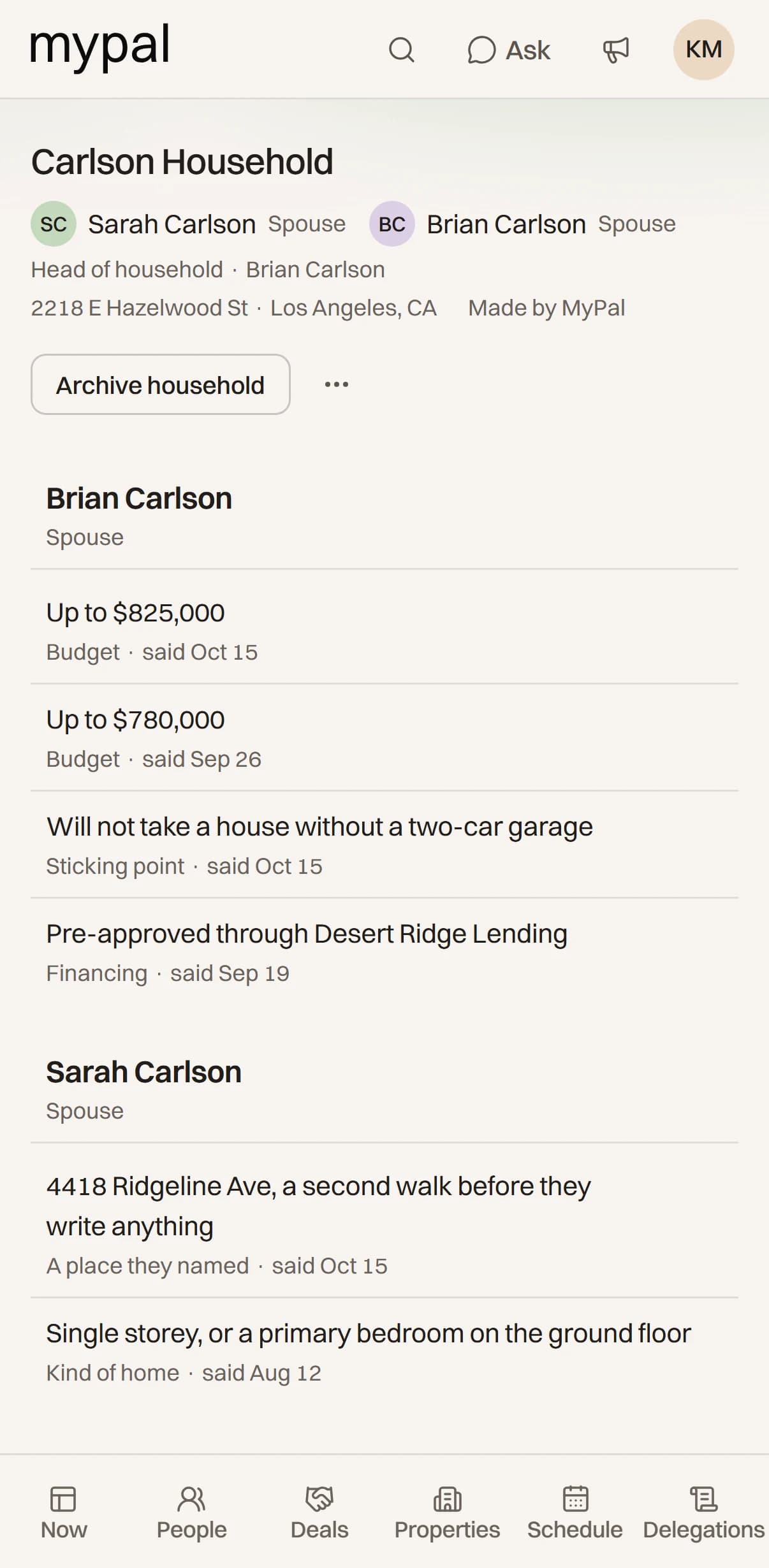 The Carlson household in MyPal: Brian and Sarah, their budget up to $825,000, the two-car garage they must have, and what you owe them.
