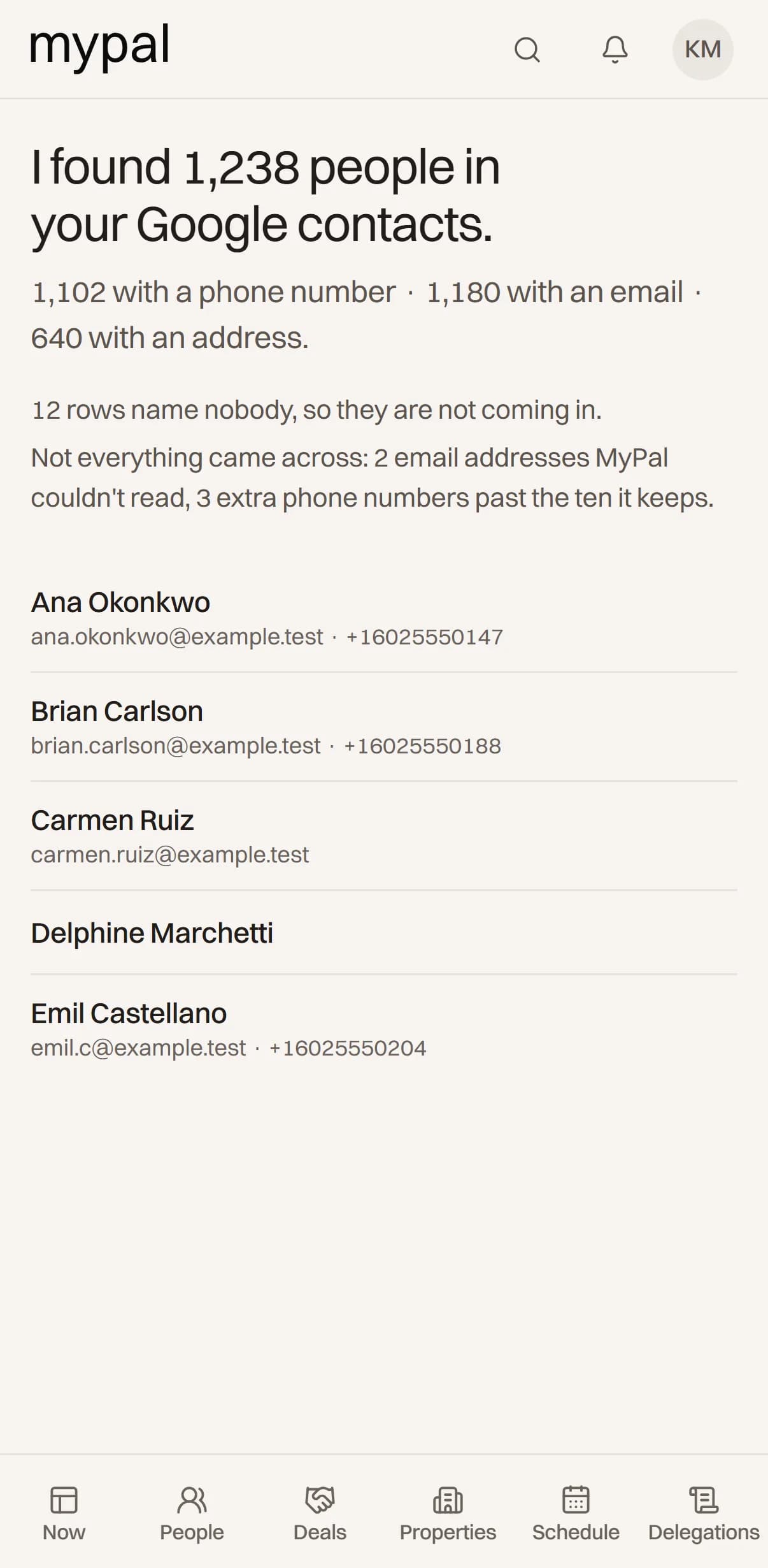MyPal’s import: I found 1,238 people in your Google contacts, with a phone number for 1,102 of them and an email for 1,180.