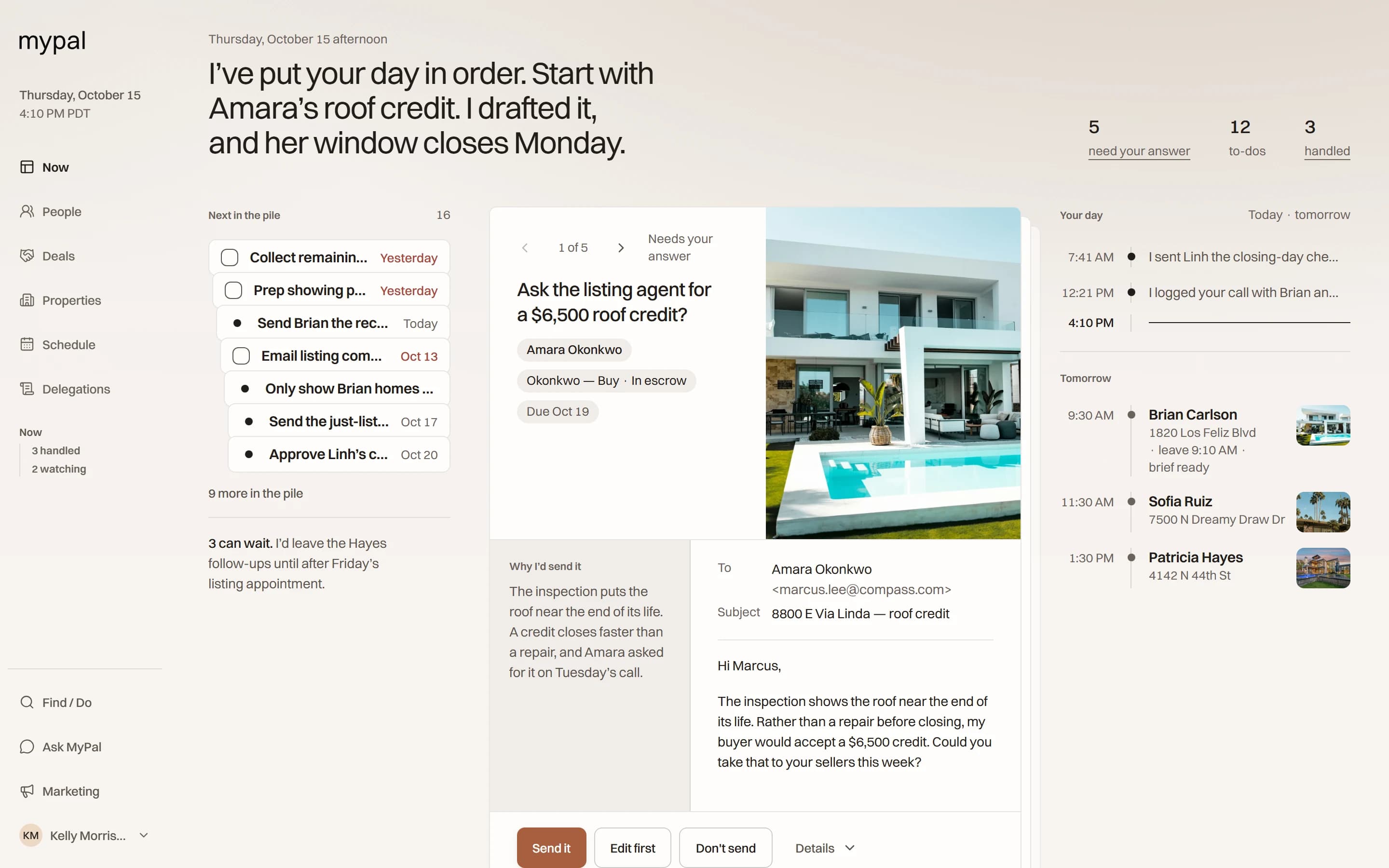 MyPal’s Now screen on a laptop: two things need you before 8:30 AM, four deals with their next step, and the day’s schedule.