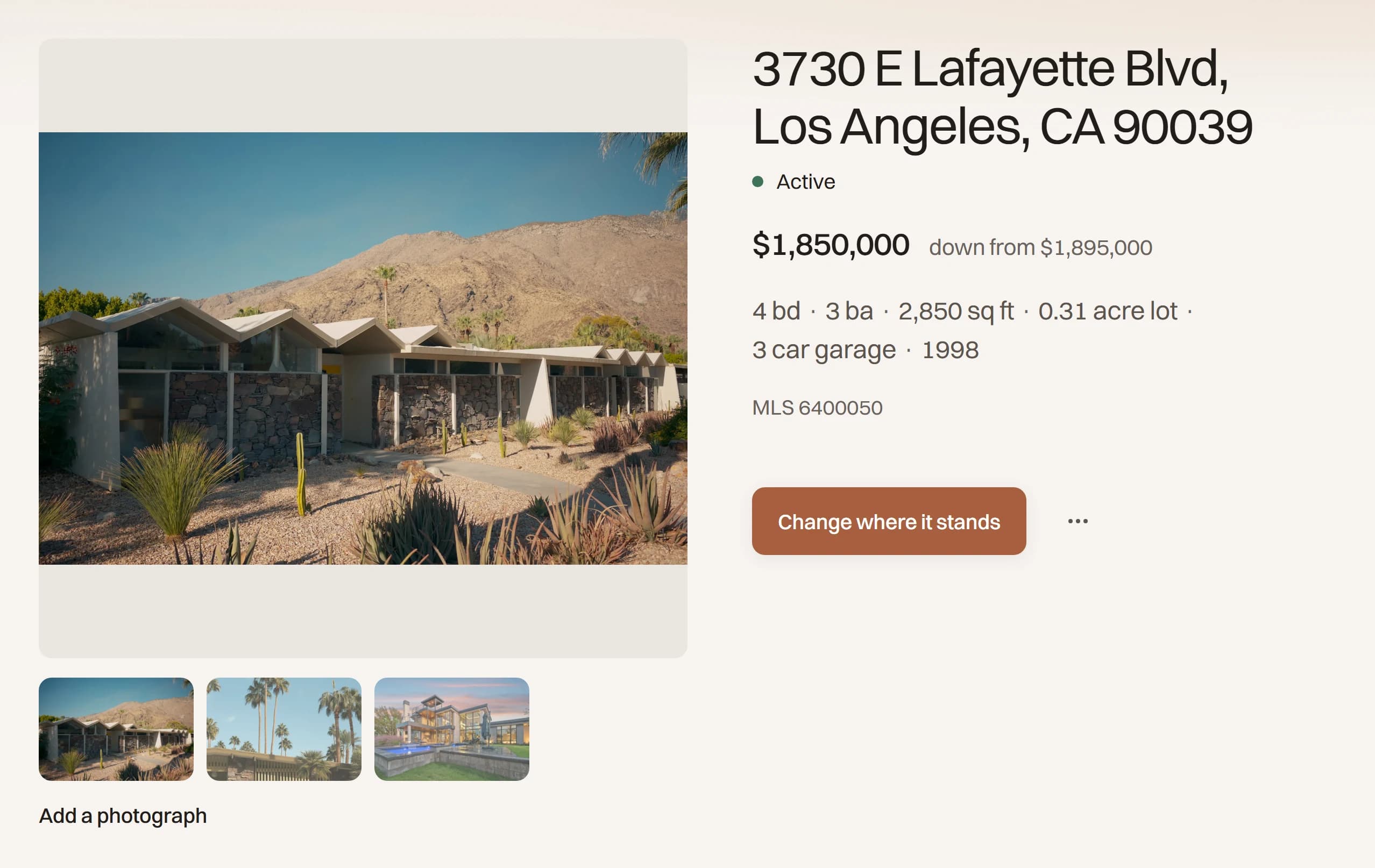 A listing in MyPal: 3730 E Lafayette Blvd, Los Angeles, active at $1,850,000, down from $1,895,000, 4 bed, 3 bath, 2,850 square feet.