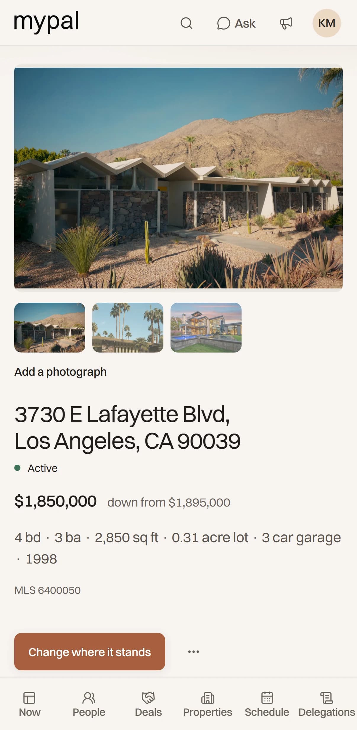 A listing in MyPal: 3730 E Lafayette Blvd, Los Angeles, active at $1,850,000, down from $1,895,000, 4 bed, 3 bath, 2,850 square feet.