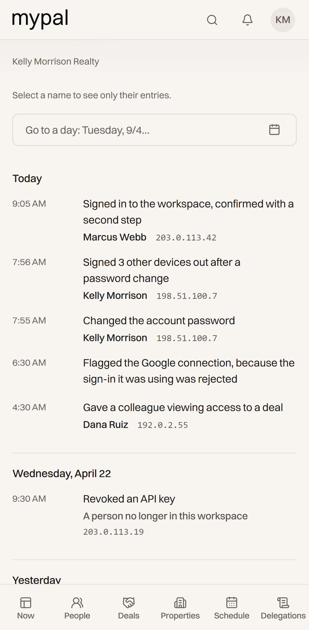 MyPal’s audit log: every change in the workspace, with who made it and when.