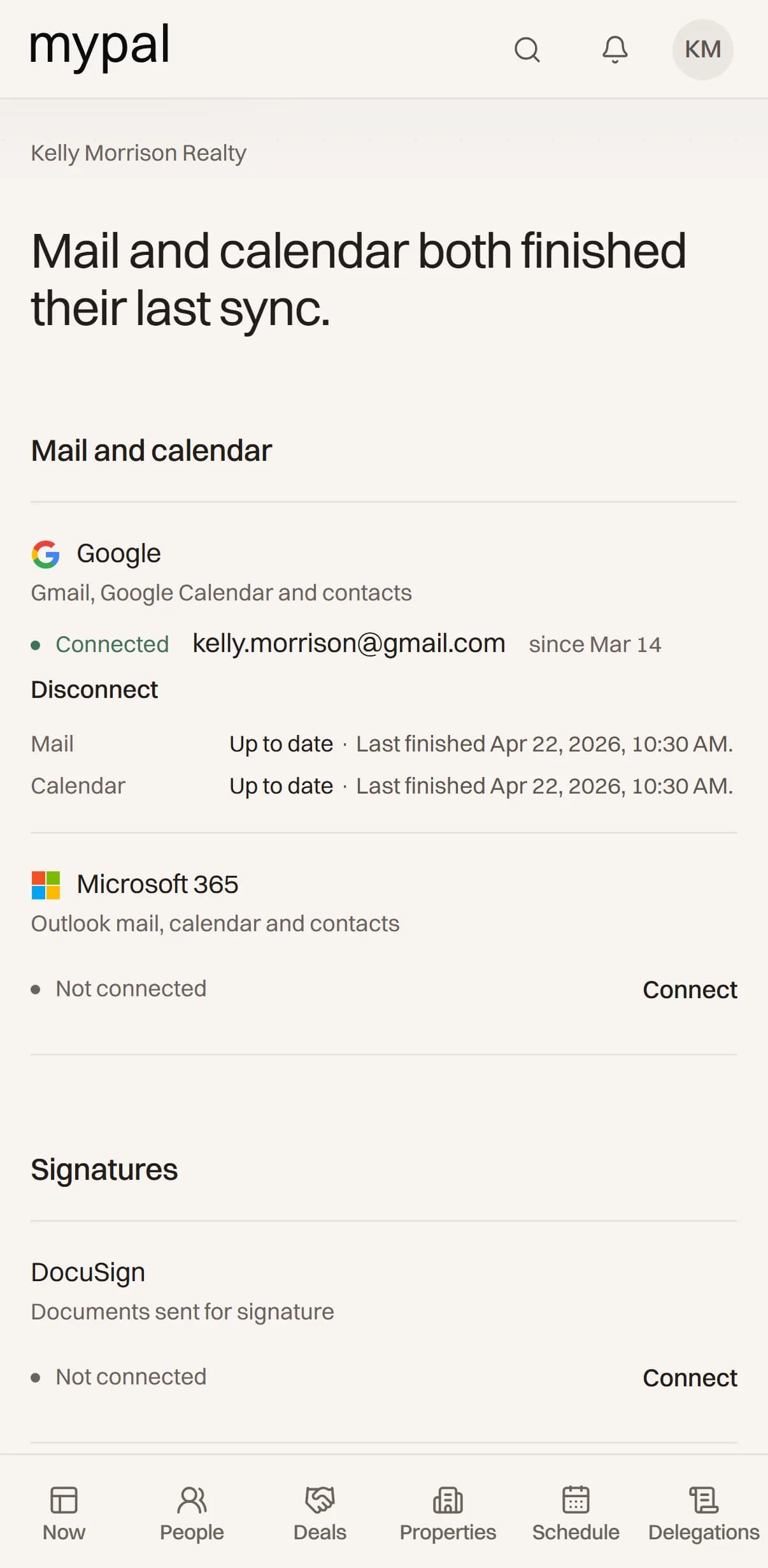MyPal’s connections: email, calendar and phone, each connected and working.