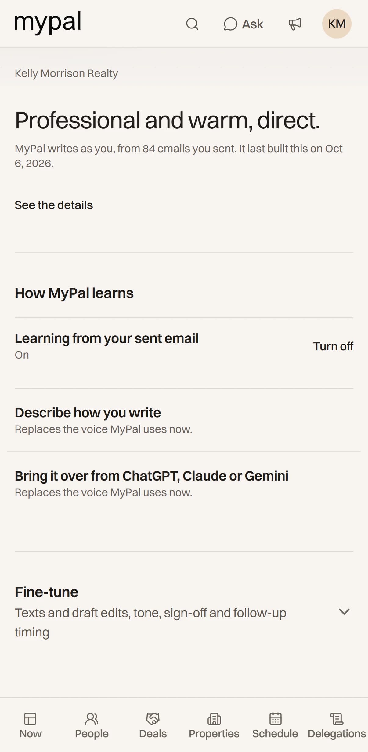 MyPal’s voice settings: Professional and warm, direct, learned from 64 emails you sent, with the option to describe how you write or bring a voice over from ChatGPT, Claude or Gemini.