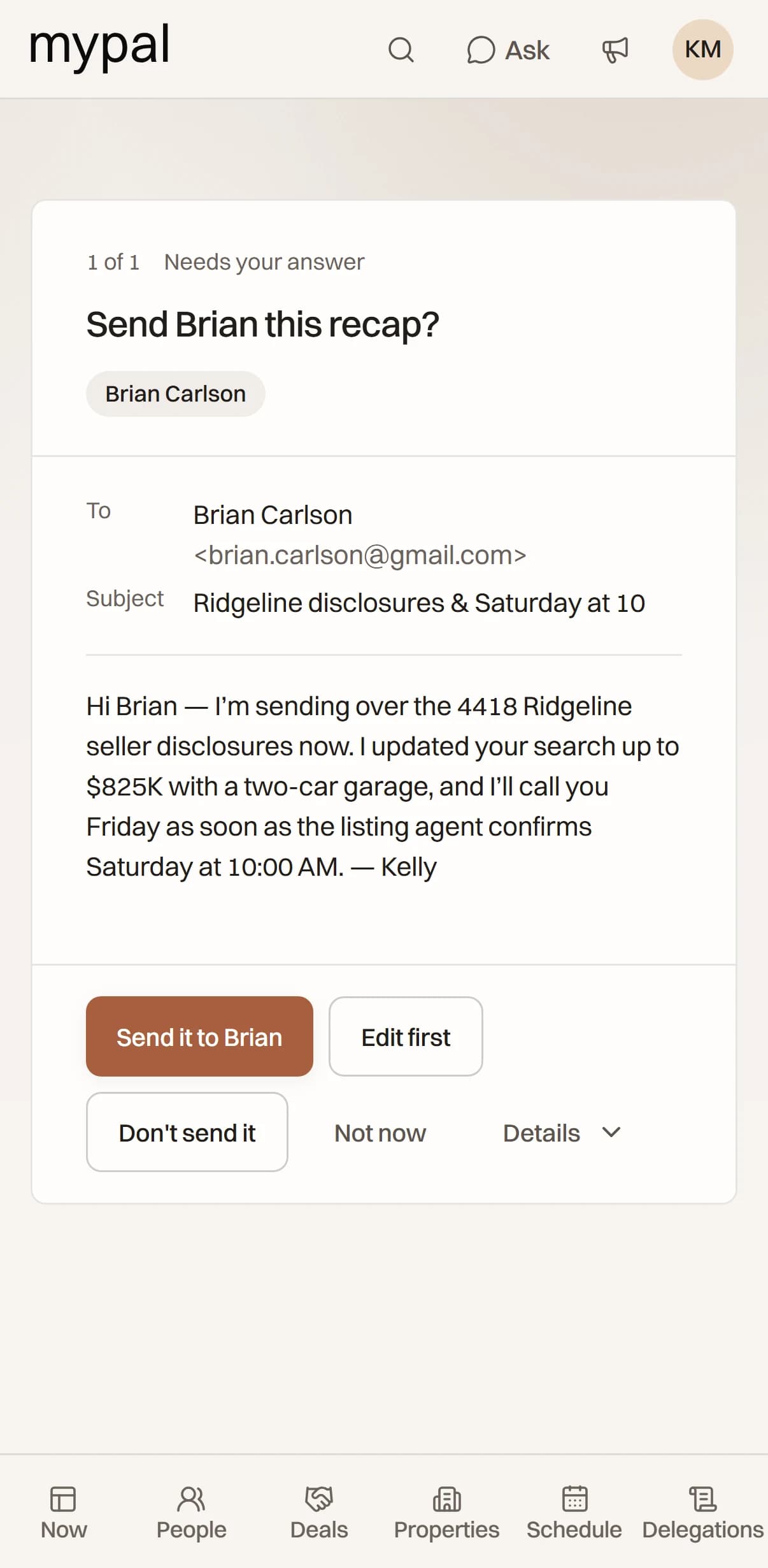 MyPal on an iPhone after a call with Brian: a recap drafted in the agent’s words, the documents attached, and one copper button, Send to Brian.
