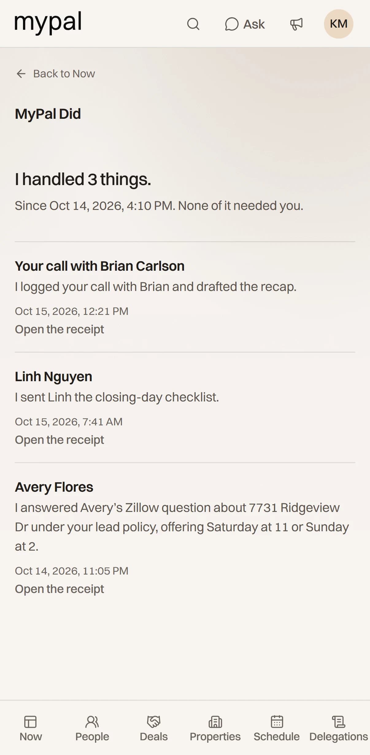 MyPal’s overnight summary: Avery asked about 7731 Ridgeview Dr and MyPal answered her under your lead rules, with Saturday at 11 offered.